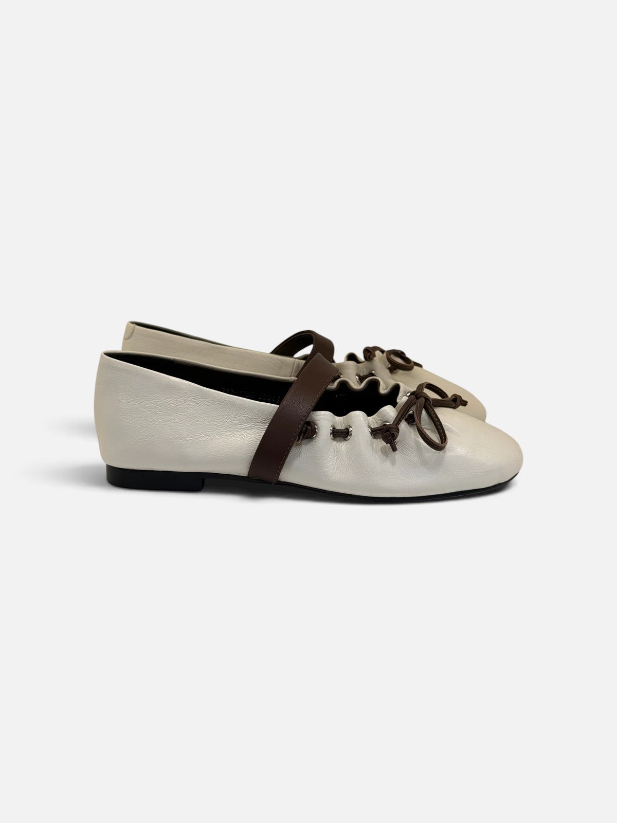 Cream Leather Ballet Flats with Dark Brown Lace-Up & Strap