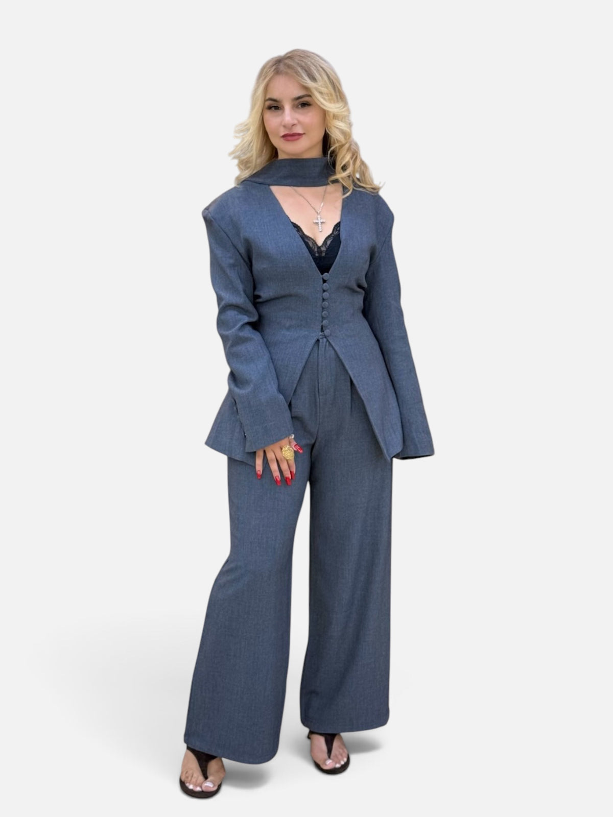 Grayish Blue Two-Piece Suit Set