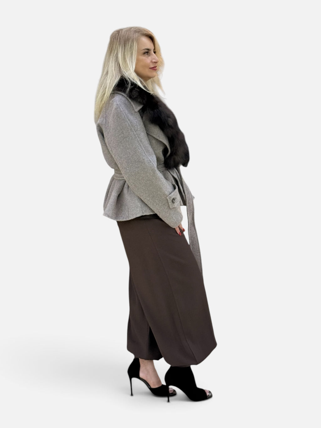 Grey Wool Belted Coat with Dark Fur Collar