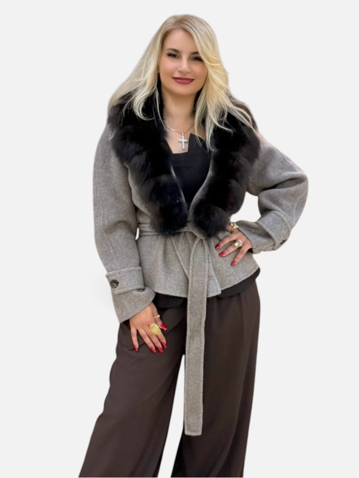 Grey Wool Belted Coat with Dark Fur Collar