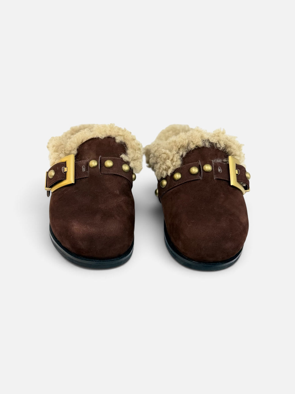 Brown Suede Shearling Clogs – Pearl & Buckle Detail