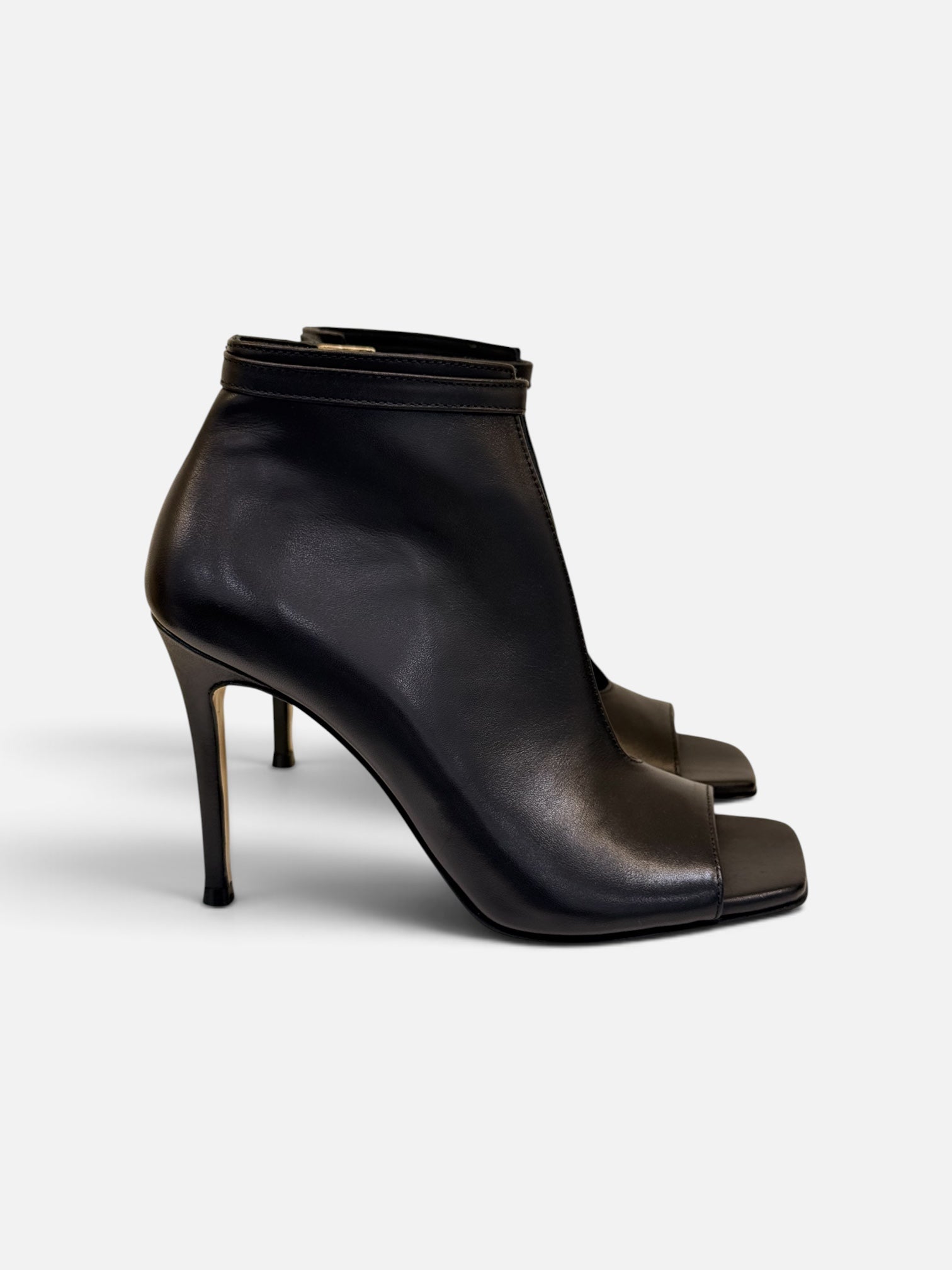 Dark Brown Leather Peep-Toe Ankle Booties