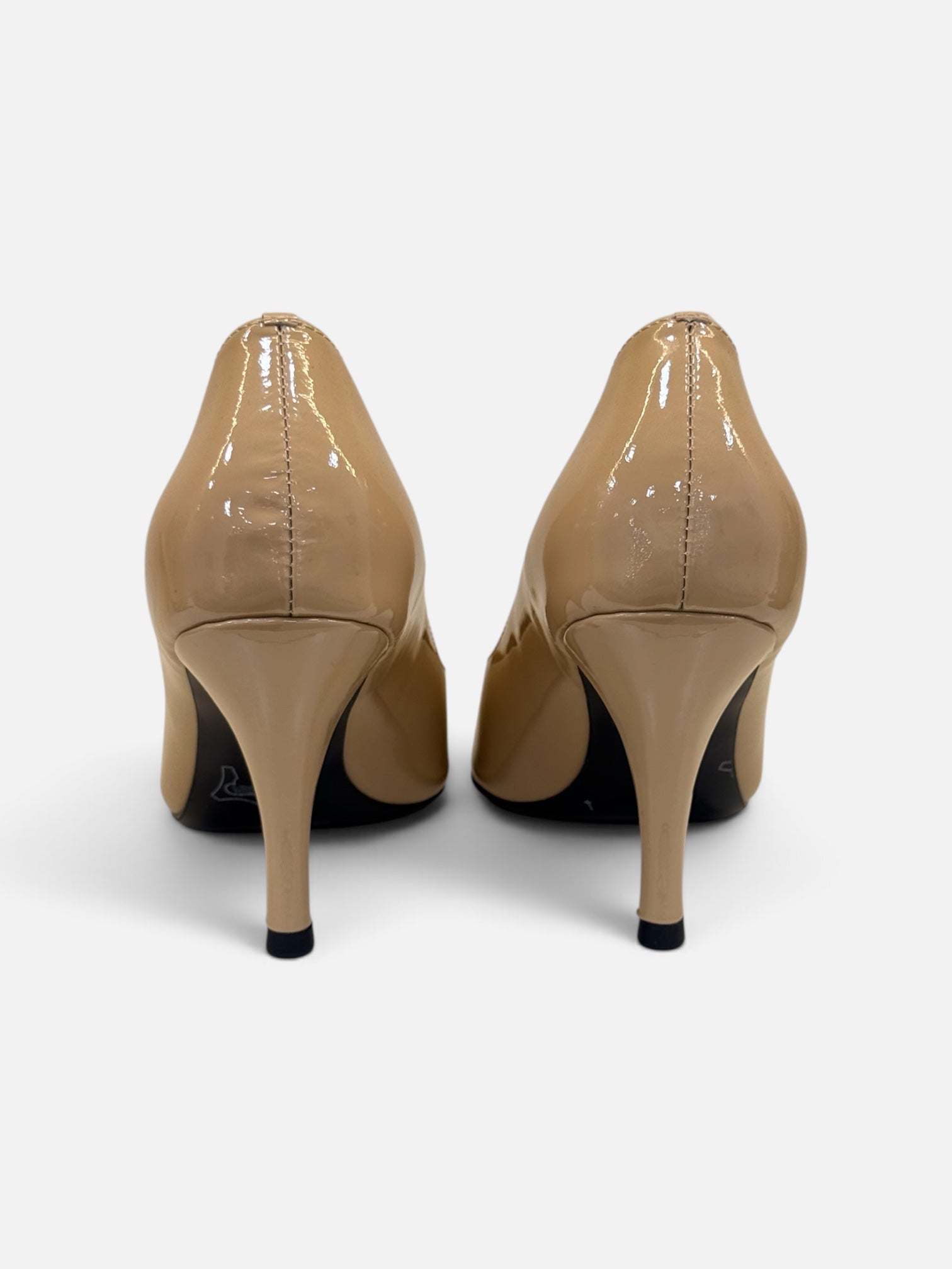 Glossy Beige Pointed-Toe Pumps