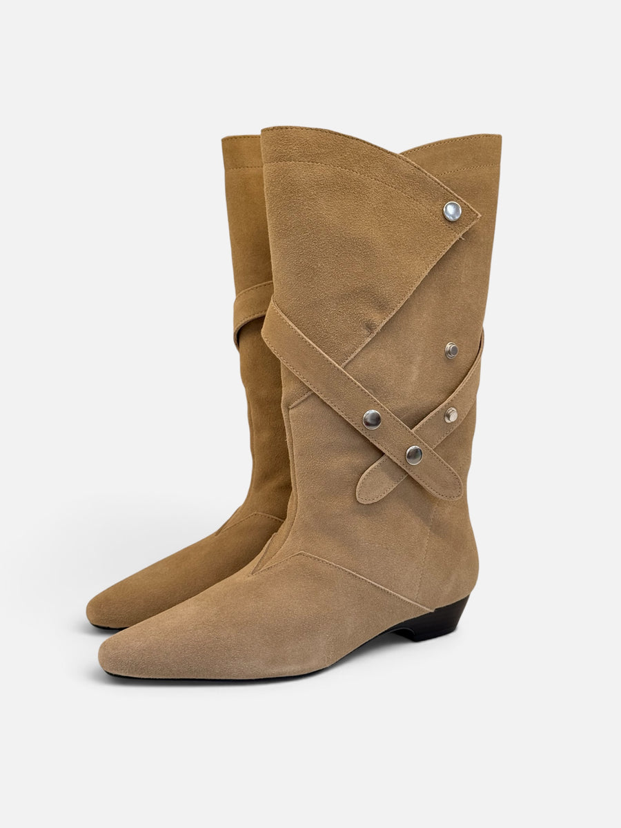 Beige Suede Slouchy Mid-Calf Boots