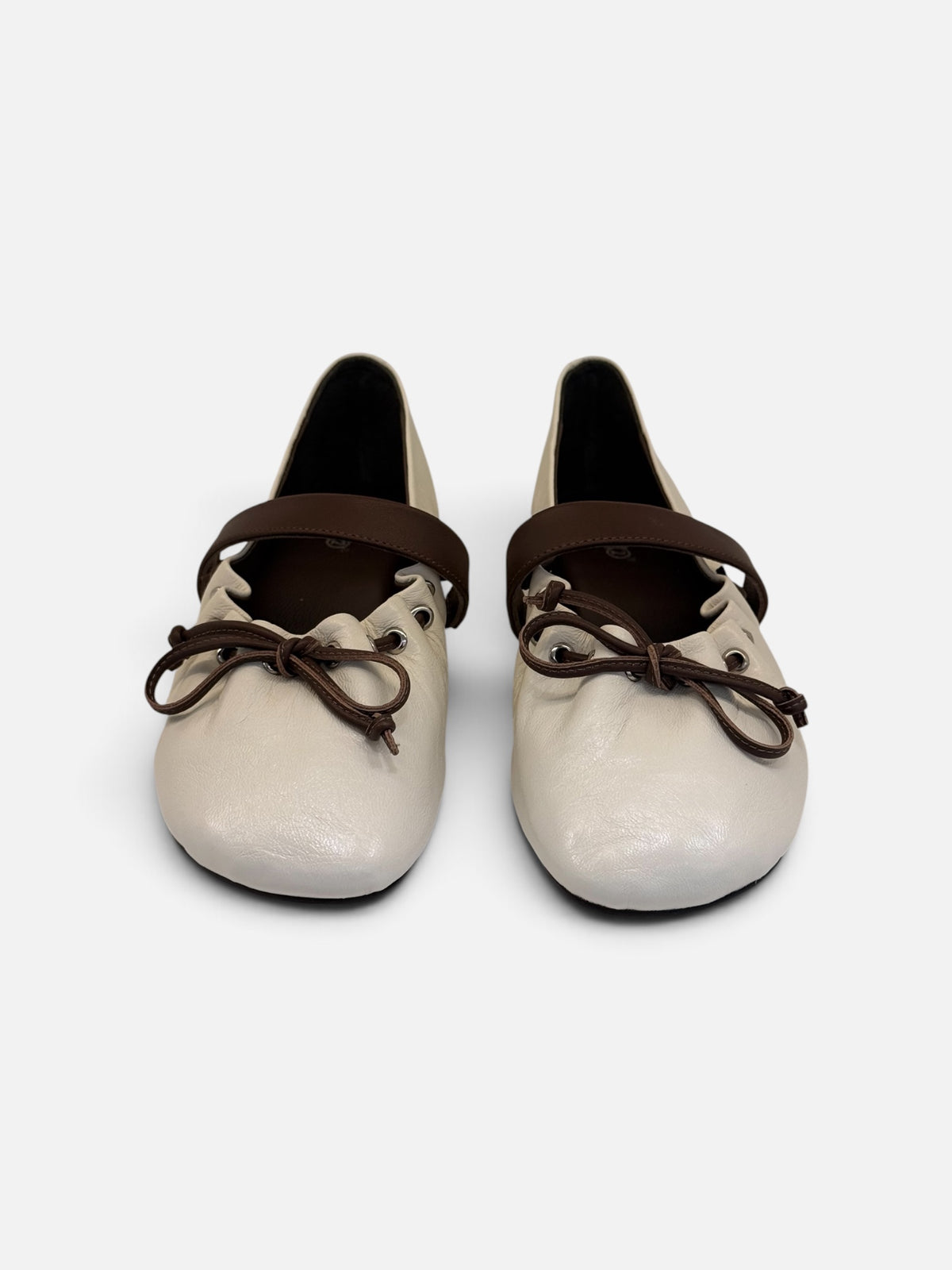 Cream Leather Ballet Flats with Dark Brown Lace-Up & Strap
