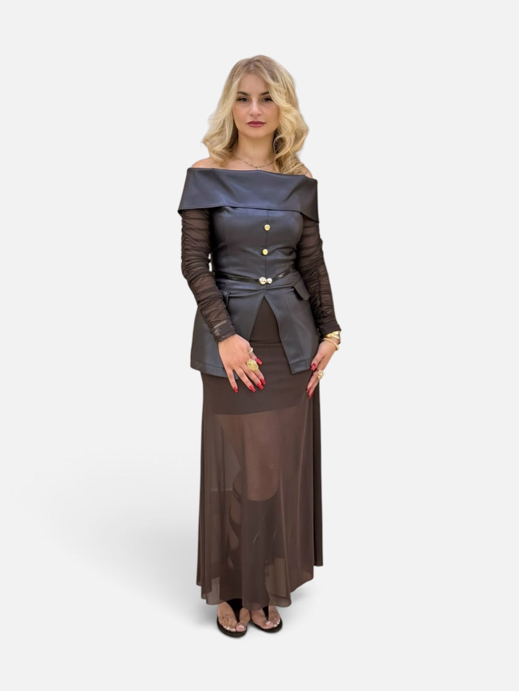 Dark Brown Leatherette Off-Shoulder Set