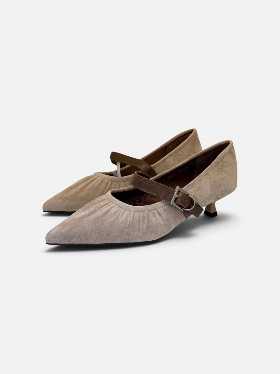 Beige Suede Mary Jane Kitten Heels
