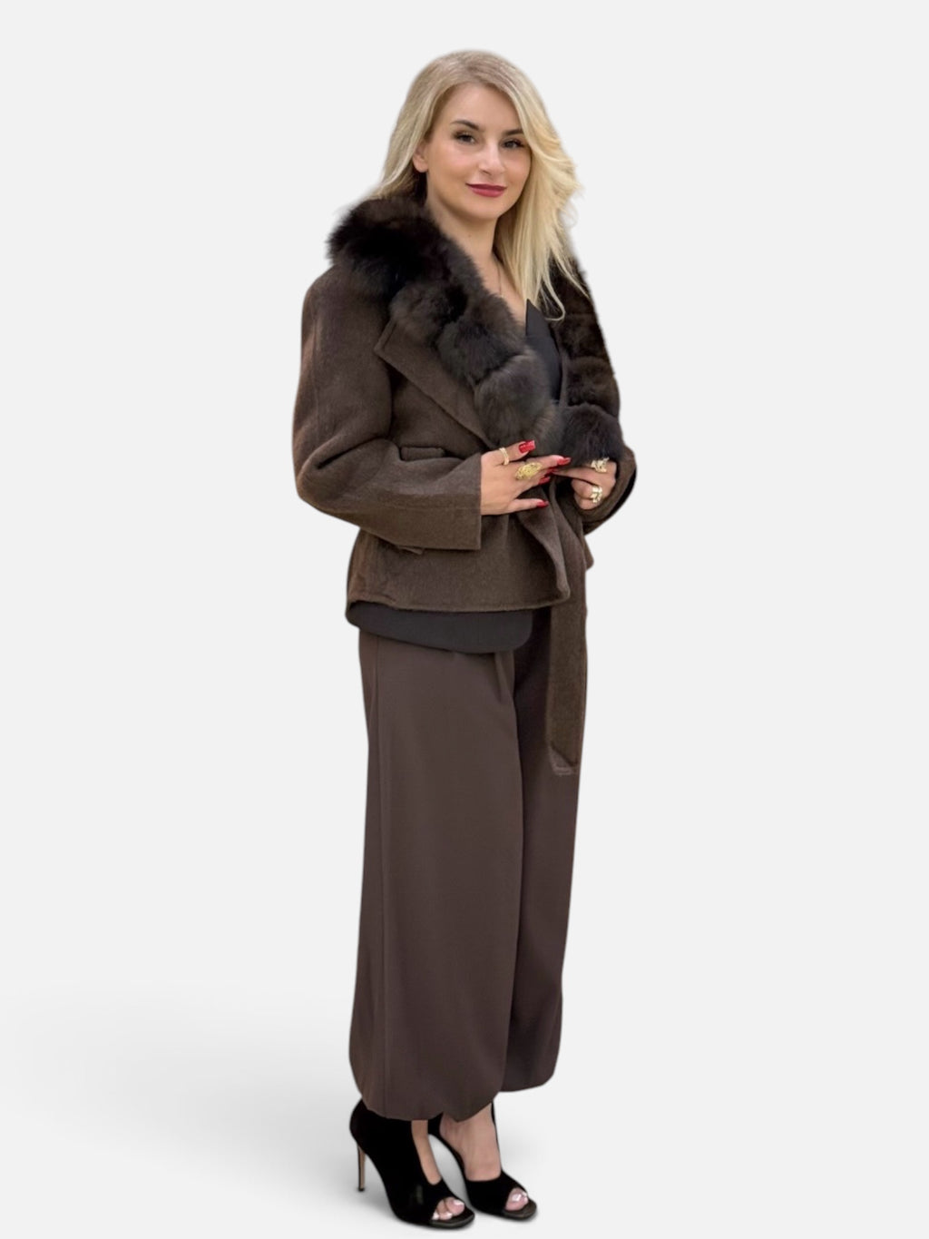 Dark Chocolate Wool Belted Coat with Fur Collar