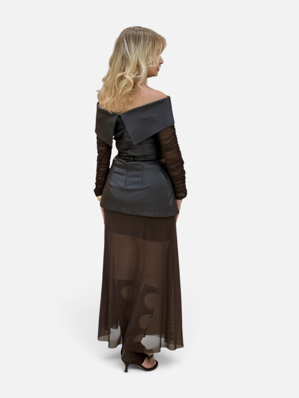 Dark Brown Leatherette Off-Shoulder Set