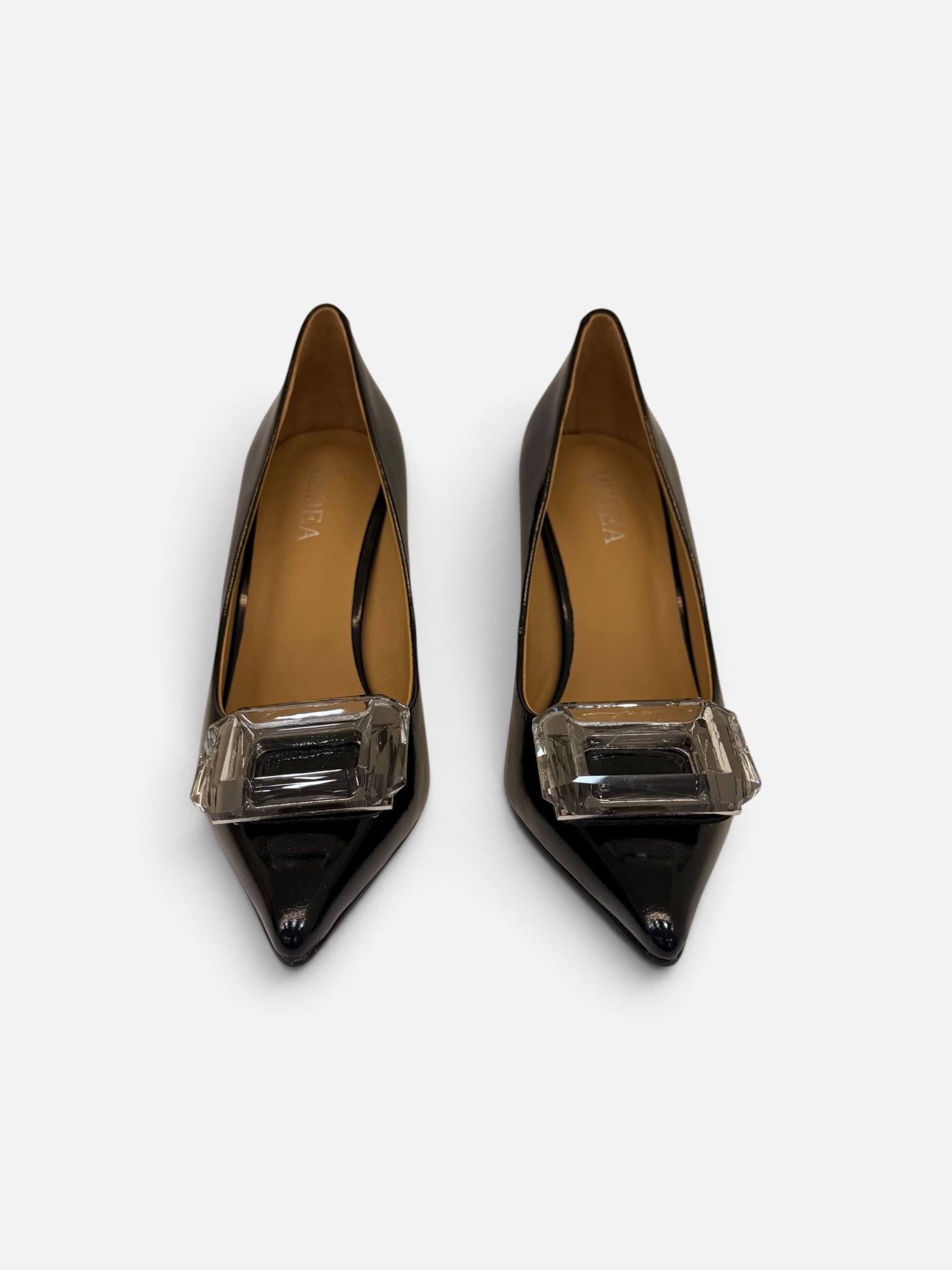 Glossy Black Pointed-Toe Pumps with Crystal Buckle