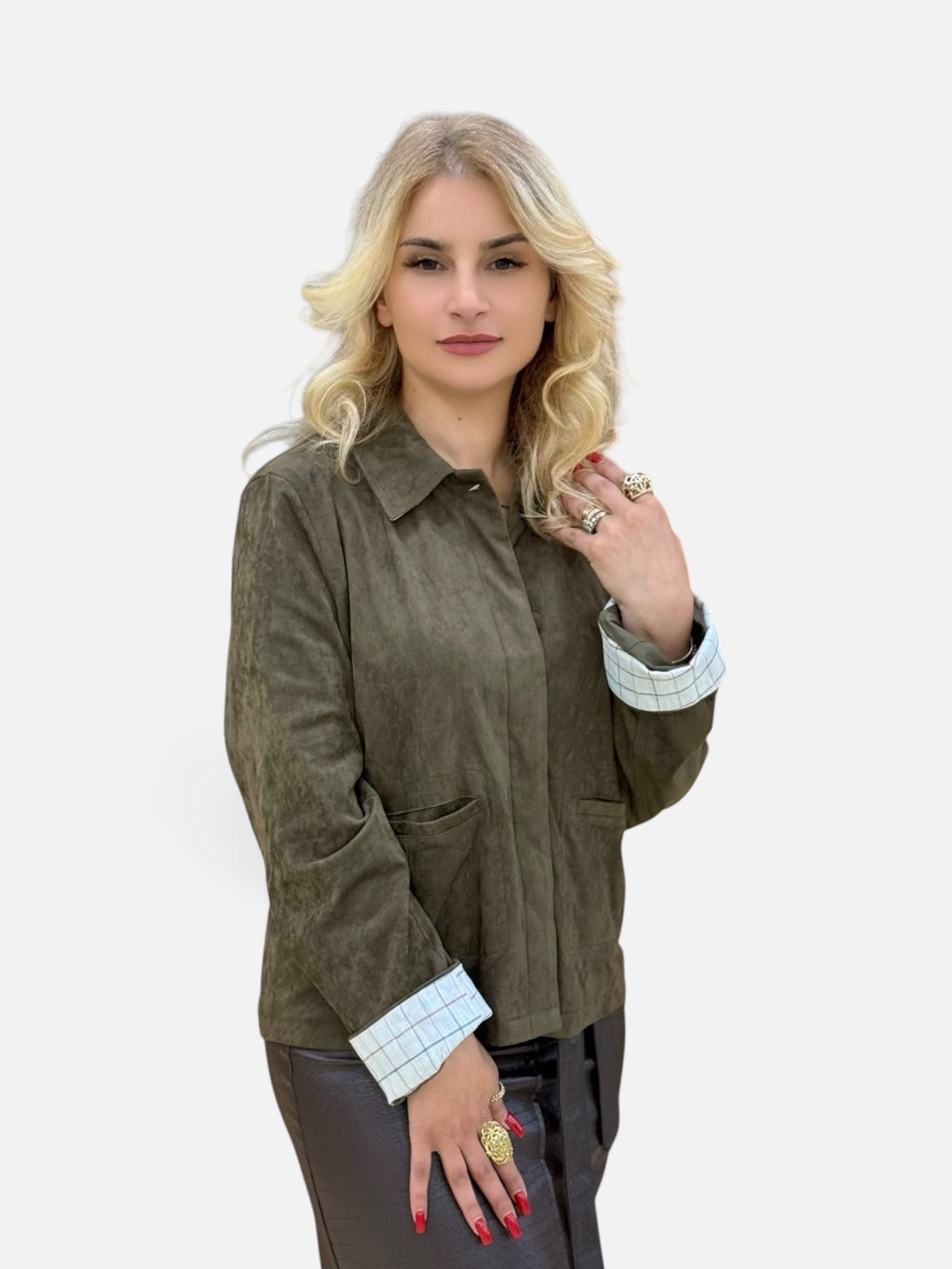 Olive Green Suede Jacket with Ledger Check Cuffs