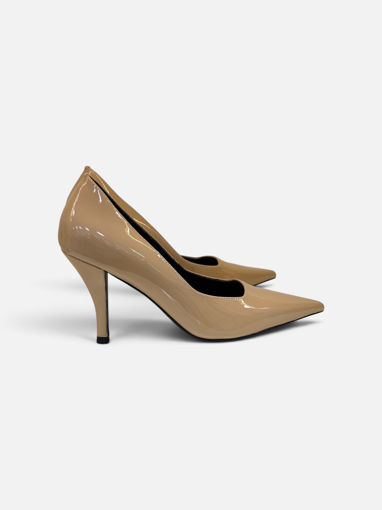 Glossy Beige Pointed-Toe Pumps