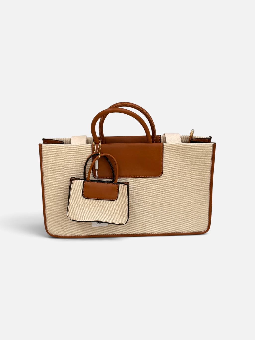 Beige Canvas Tote Bag with Mini Pouch