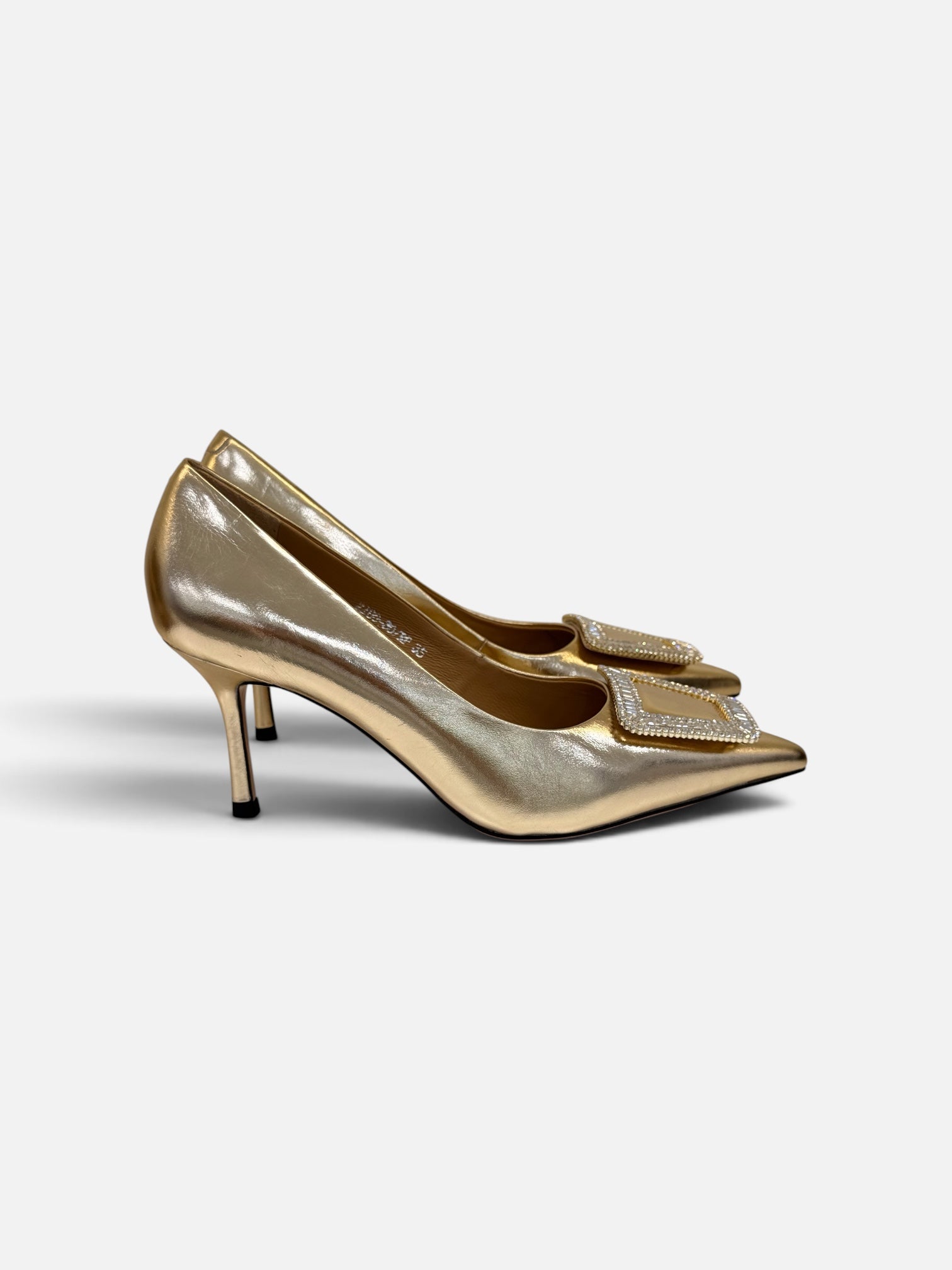Metallic Gold Pumps with Crystal Buckle