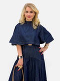 Denim Two-Piece Set – Cropped Flutter Sleeve Top & Full-Length A-Line Skirt