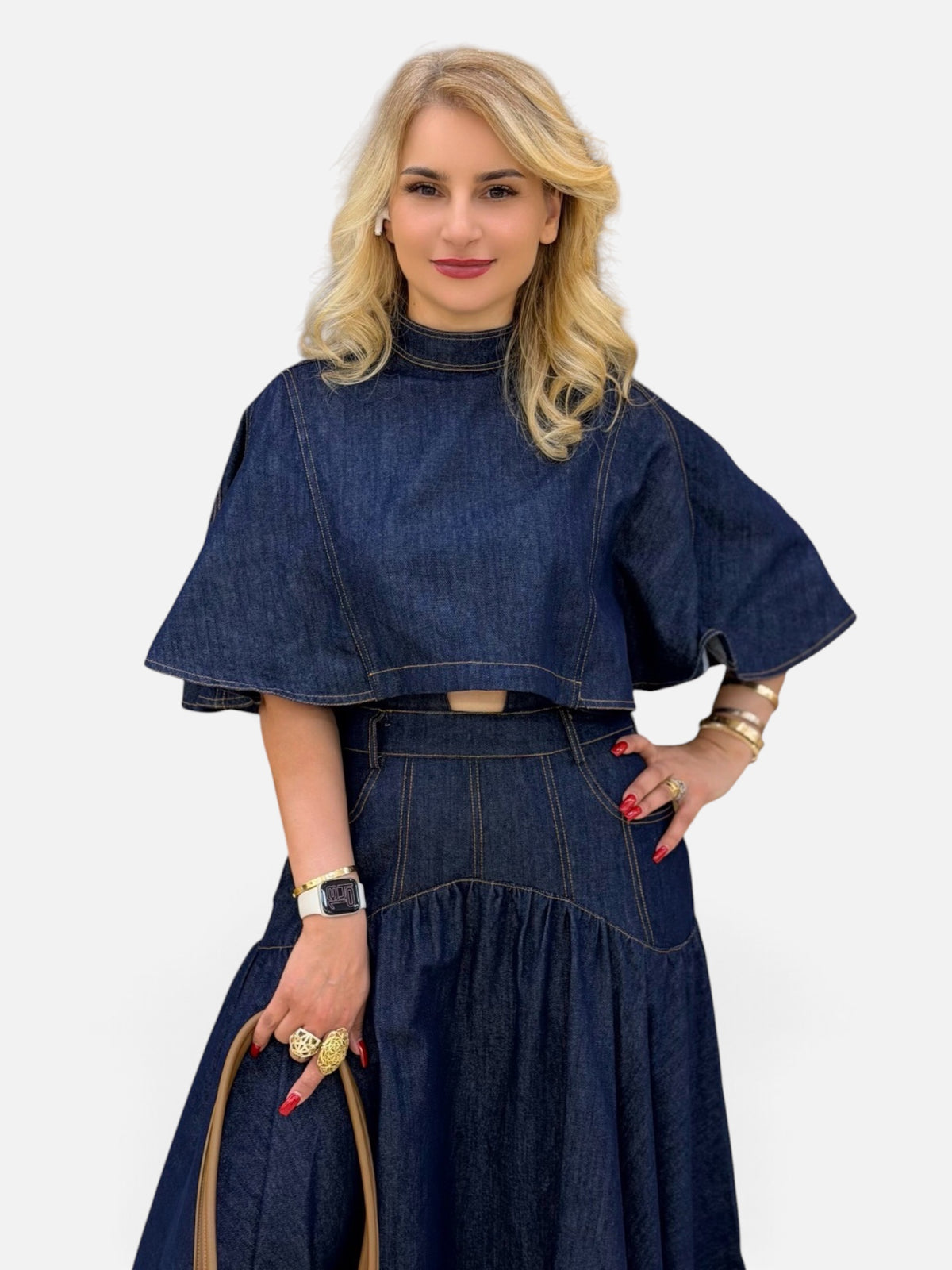 Denim Two-Piece Set – Cropped Flutter Sleeve Top & Full-Length A-Line Skirt