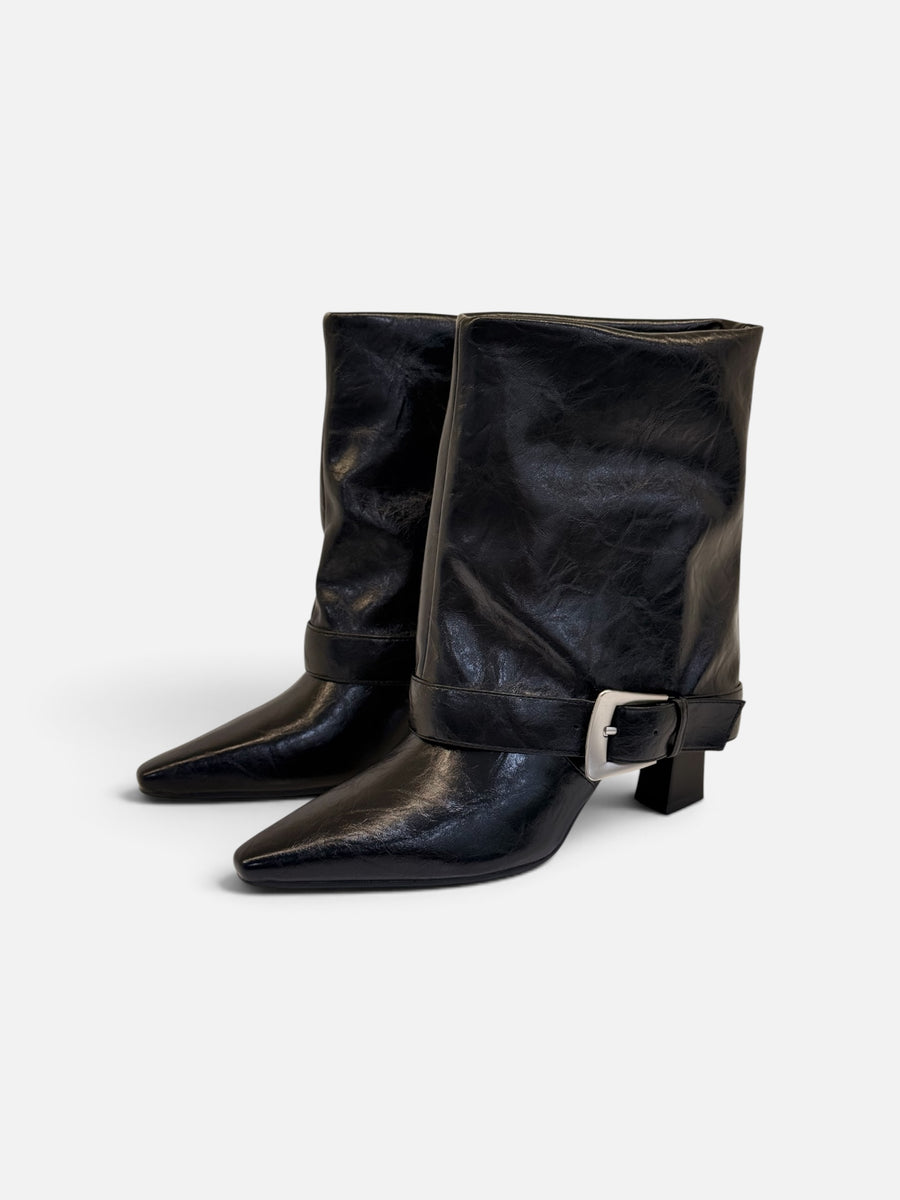 Trendy Black Leather Slouchy Ankle Boots with Silver Accent