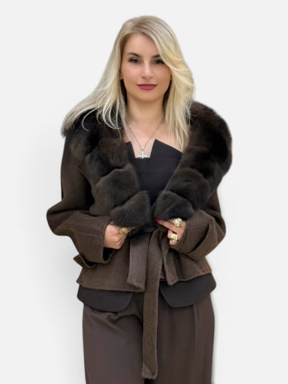 Dark Chocolate Wool Belted Coat with Fur Collar