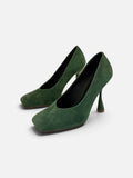 Green Suede Square-Toe Pumps