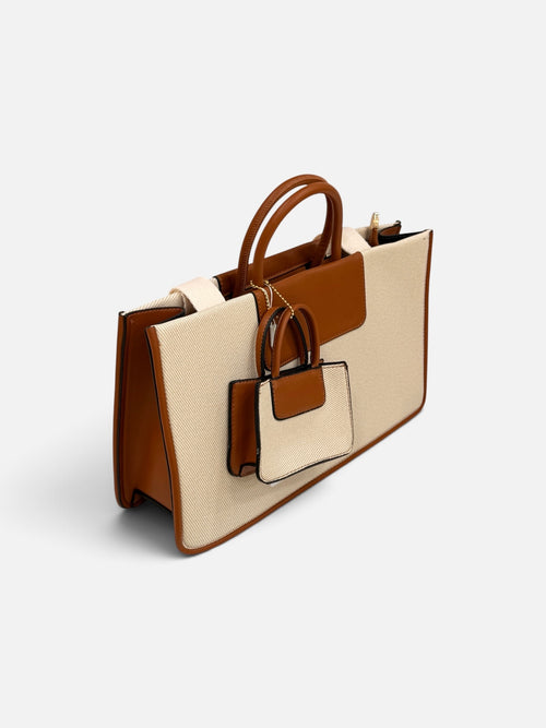 Beige Canvas Tote Bag with Mini Pouch