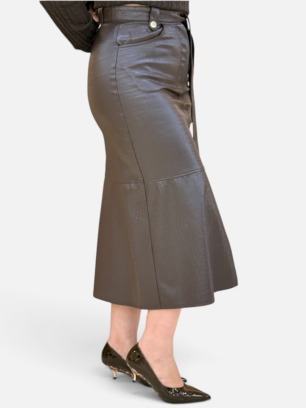 Faux Leather Belted Midi Skirt – Crocodile Texture