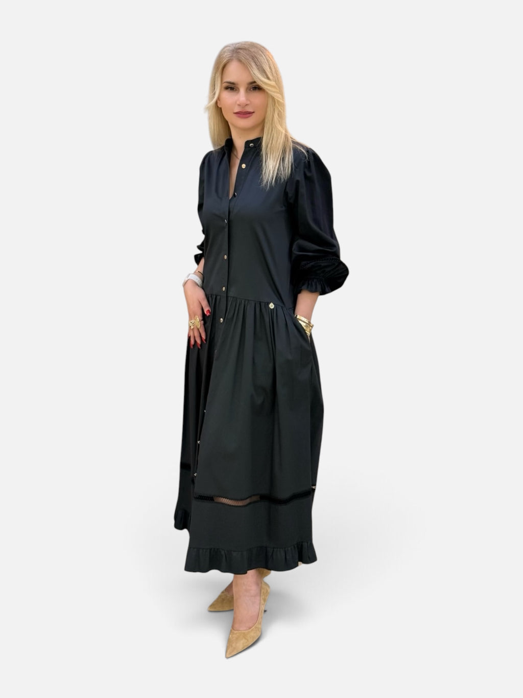 Black Button-Front Midi Dress – Puff Sleeve with Ruffle Hem