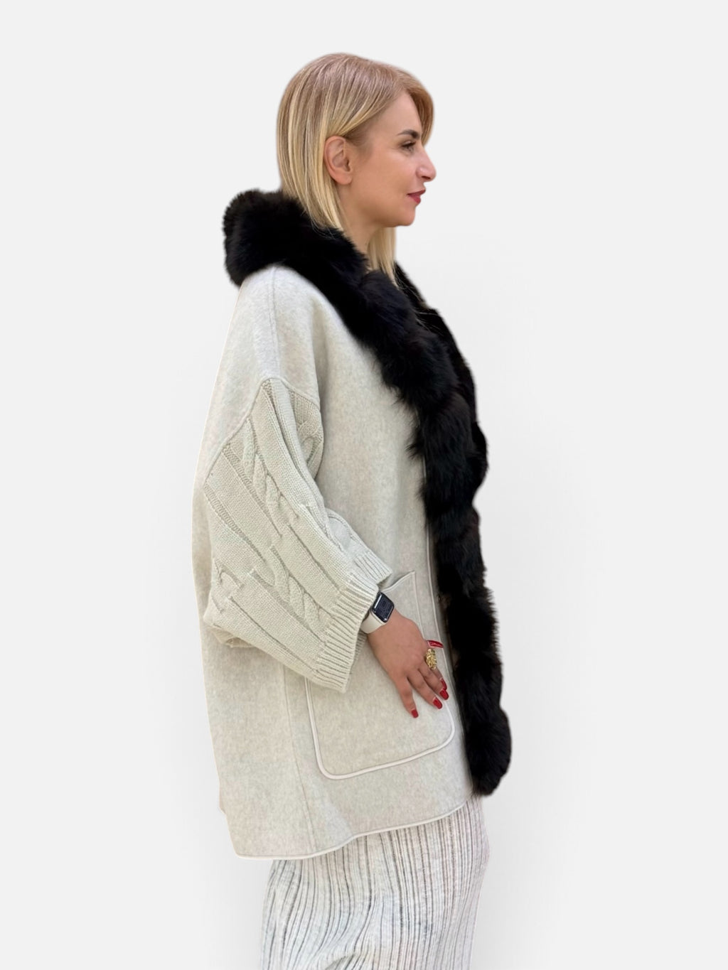 Cable-Knit Natural Fur-Trim Coat