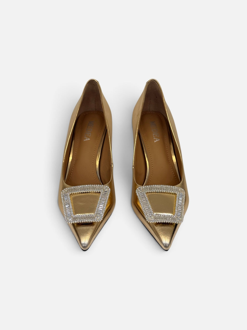 Metallic Gold Pumps with Crystal Buckle