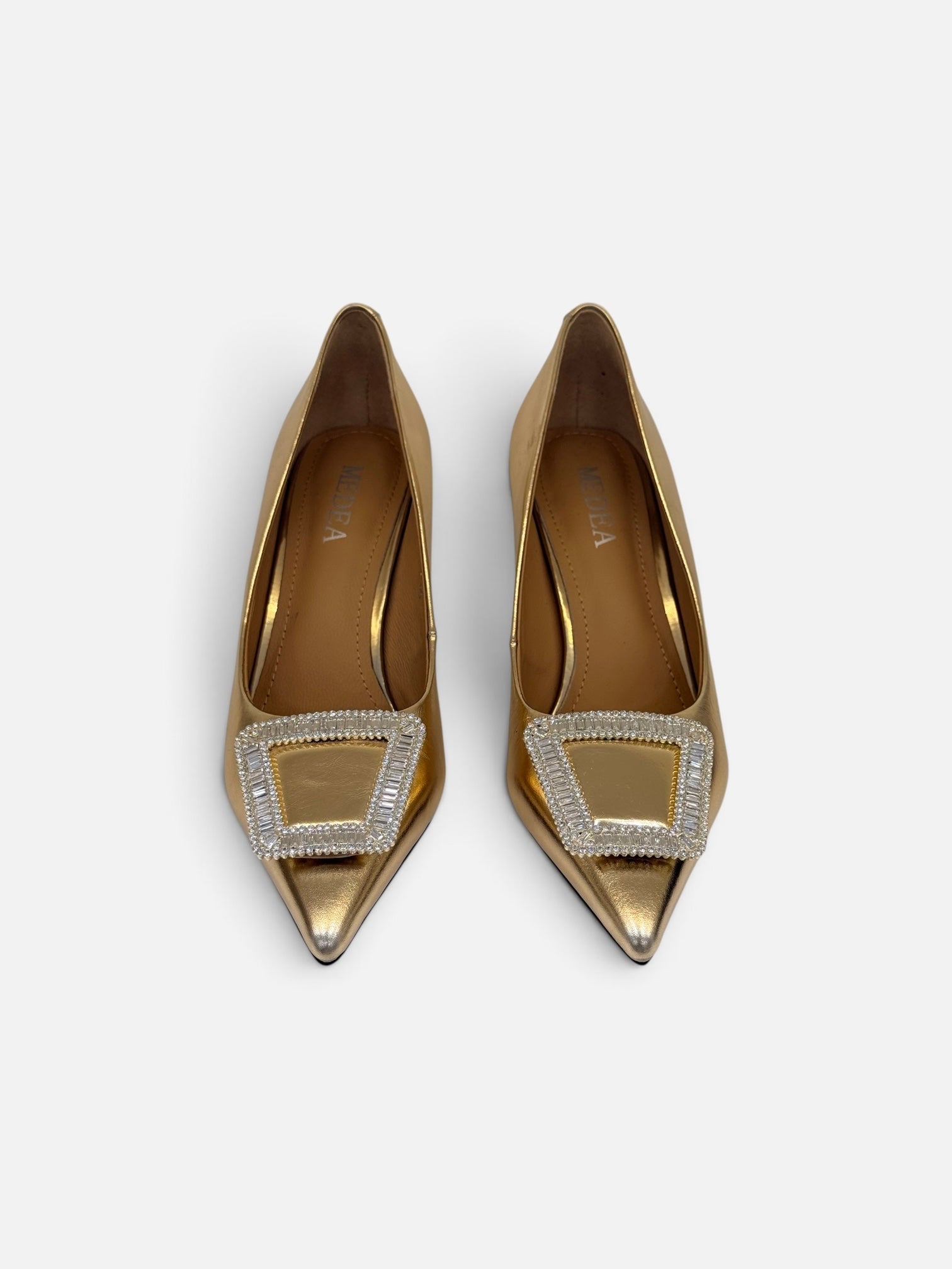 Metallic Gold Pumps with Crystal Buckle