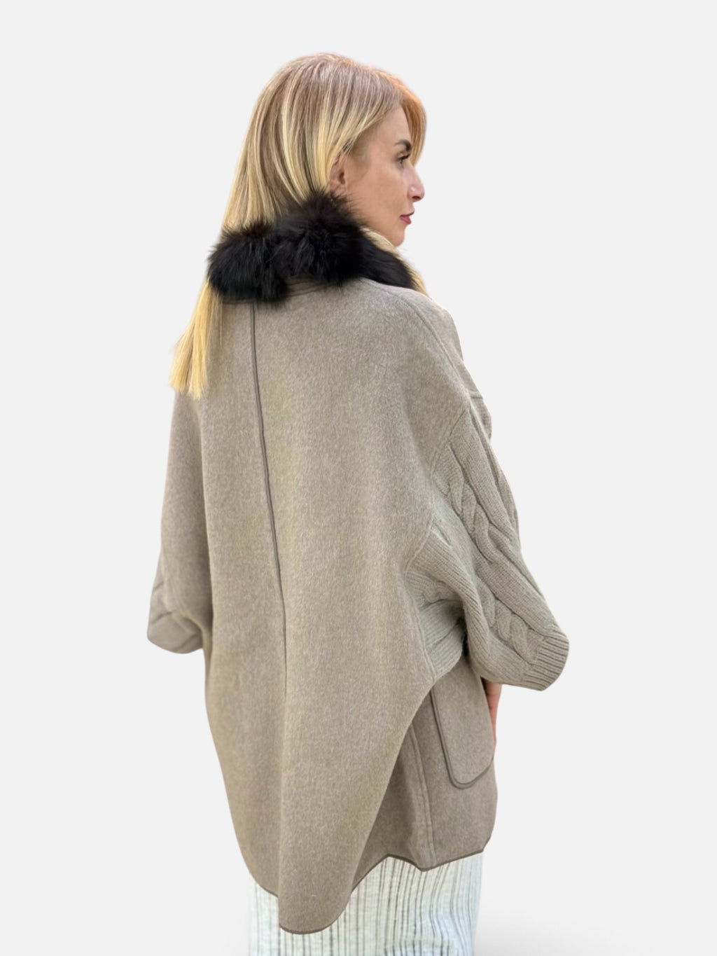 Cable-Knit Natural Fur-Trim Coat