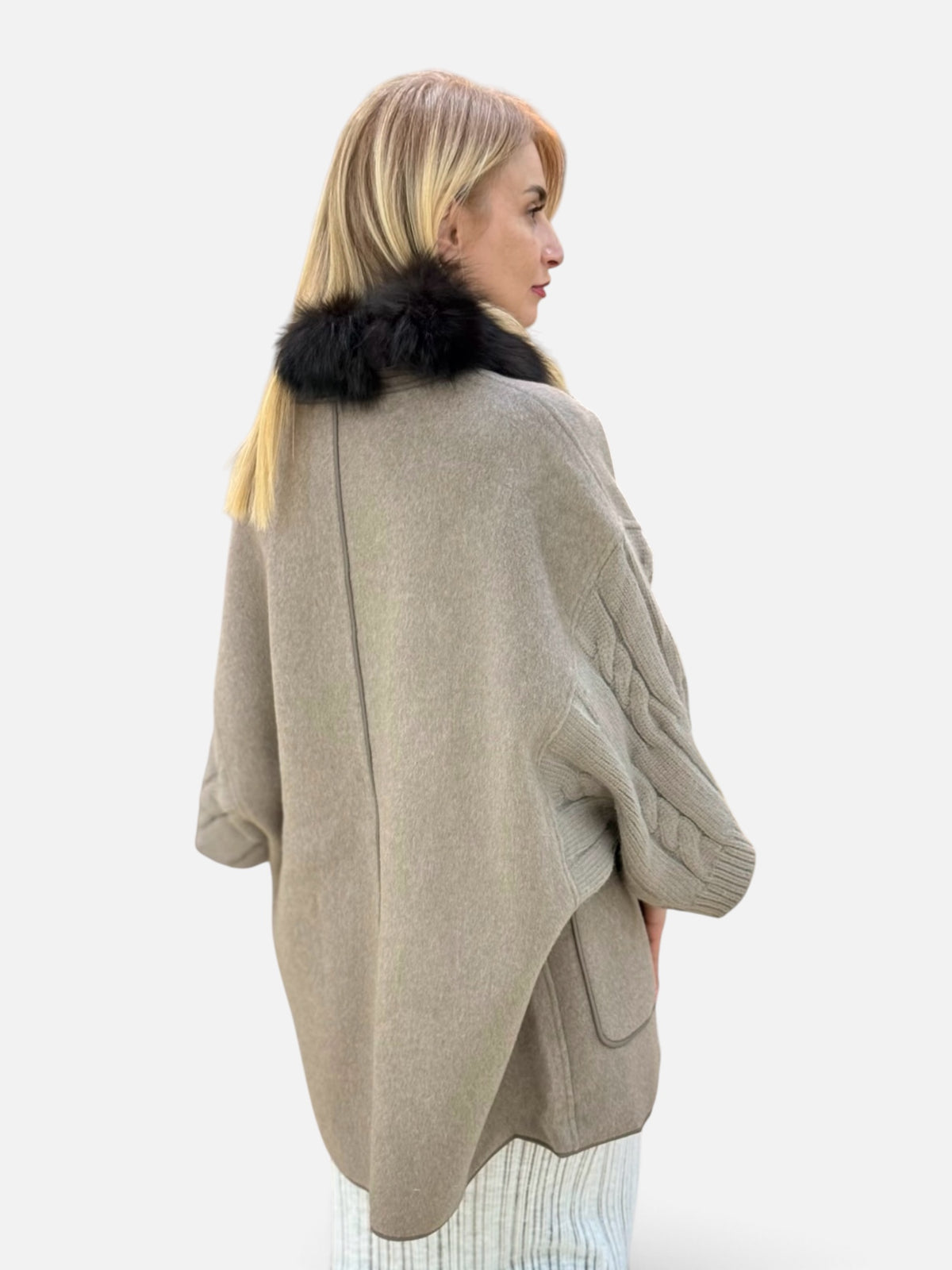 Cable-Knit Natural Fur-Trim Coat