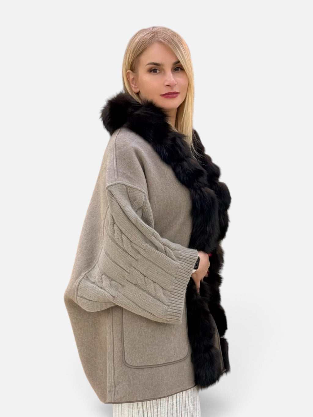 Cable-Knit Natural Fur-Trim Coat