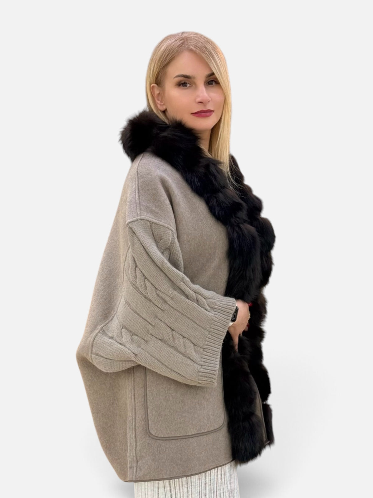 Cable-Knit Natural Fur-Trim Coat