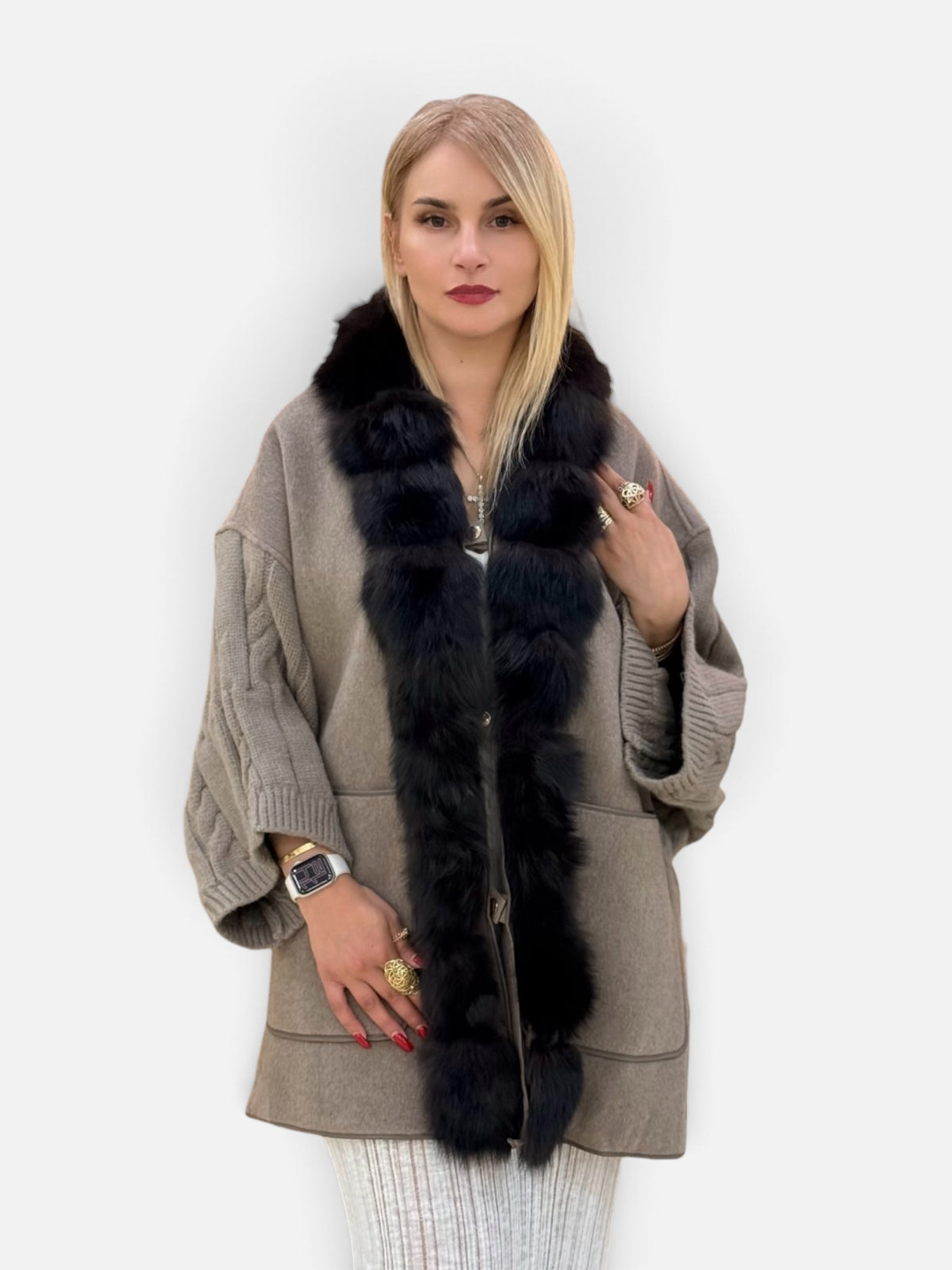 Cable-Knit Natural Fur-Trim Coat