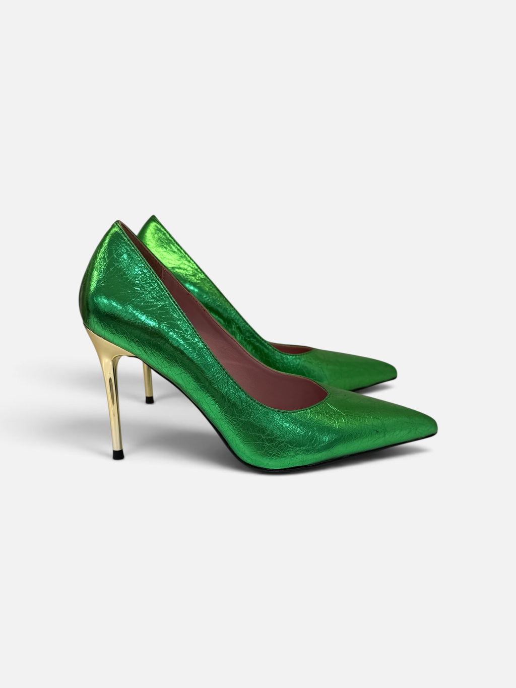 Metallic Green Pointed-Toe Pumps with Gold Heel
