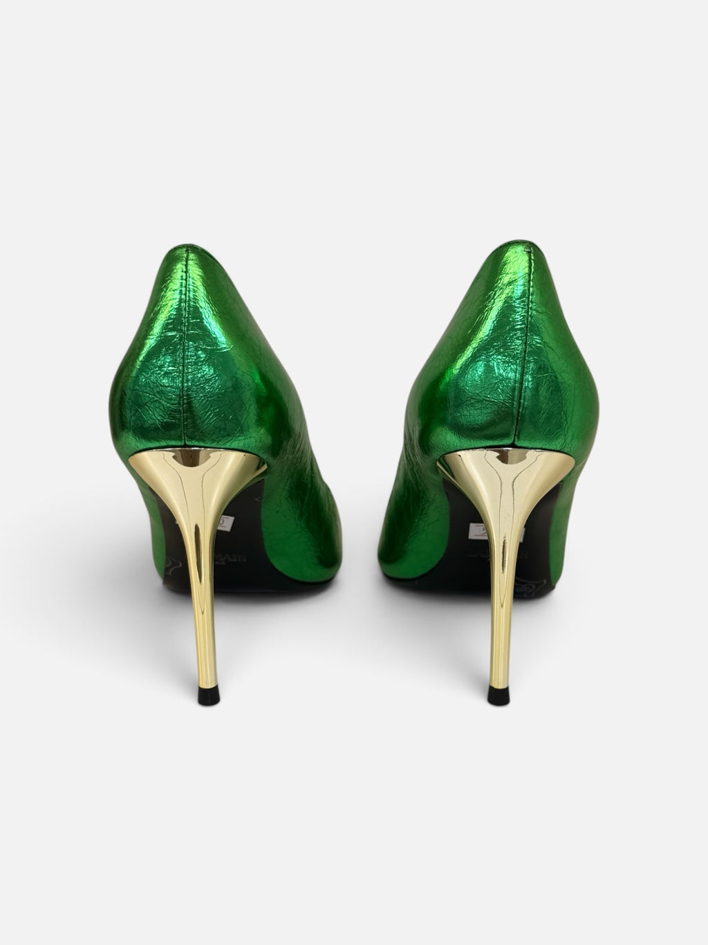 Metallic Green Pointed-Toe Pumps with Gold Heel