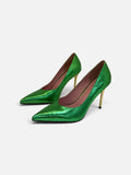 Metallic Green Pointed-Toe Pumps with Gold Heel
