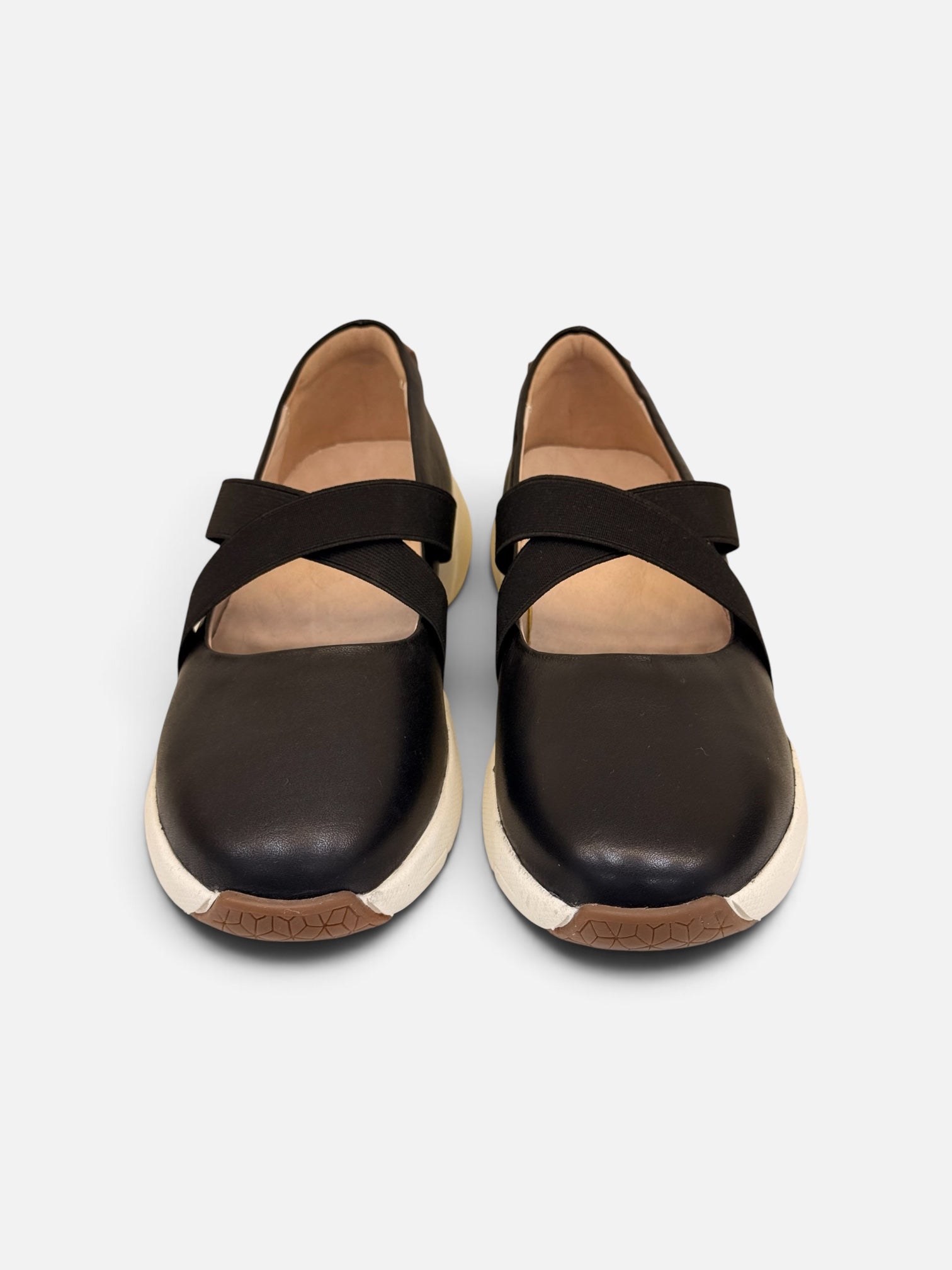 Black Leather Flats with Crisscross Straps and White Sole