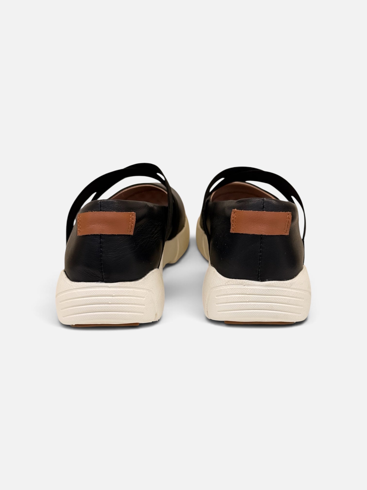 Black Leather Flats with Crisscross Straps and White Sole