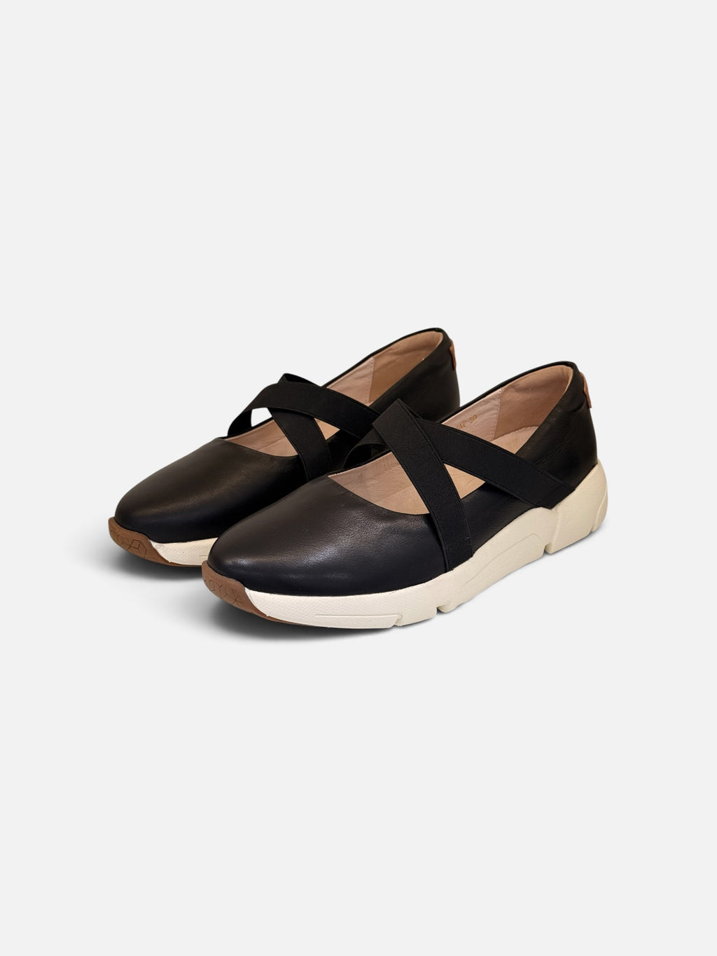 Black Leather Flats with Crisscross Straps and White Sole