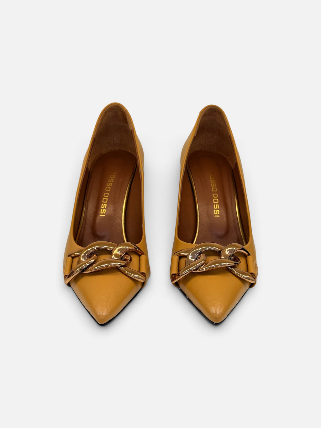 Mustard Yellow Pumps with Gold Chain Detail