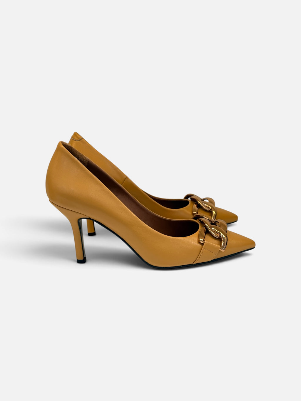 Mustard Yellow Pumps with Gold Chain Detail