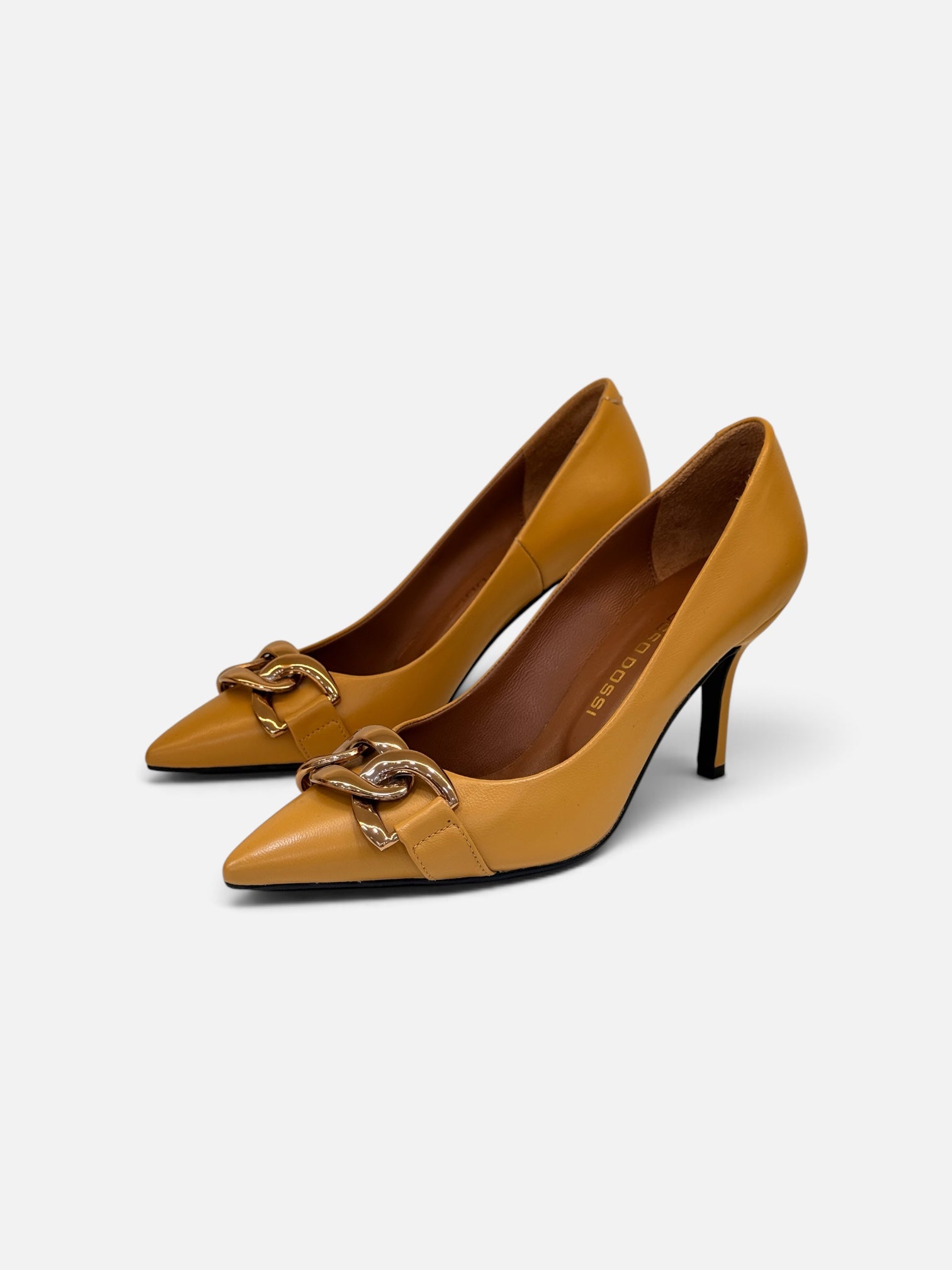 Mustard Yellow Pumps with Gold Chain Detail