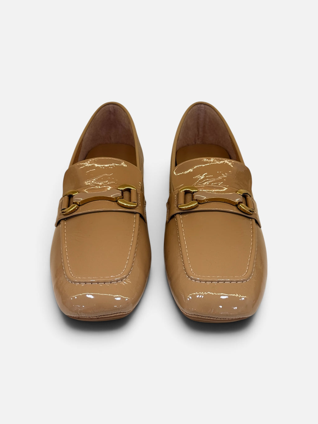 Glossy Beige Loafers with Gold Buckle