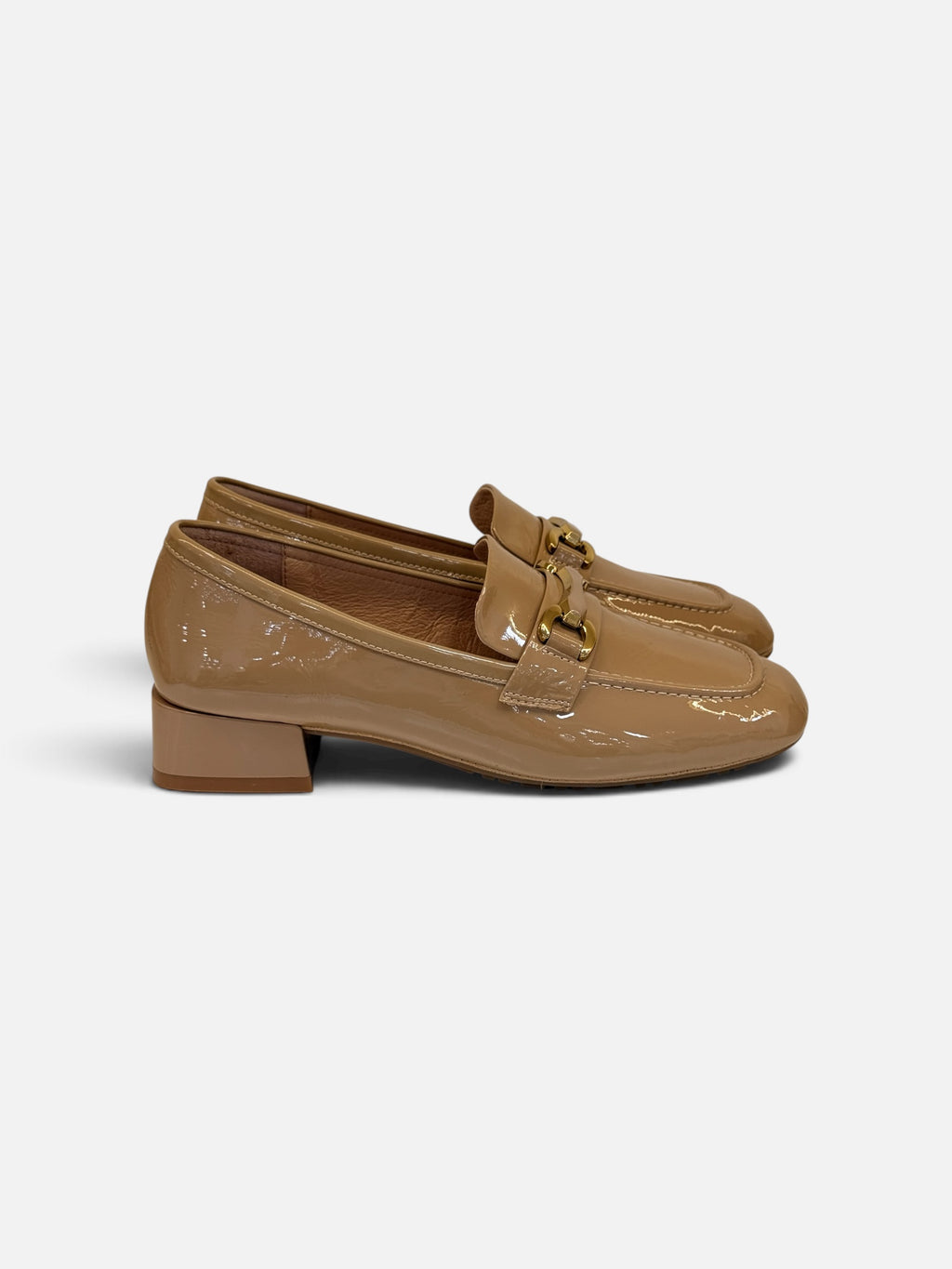 Glossy Beige Loafers with Gold Buckle