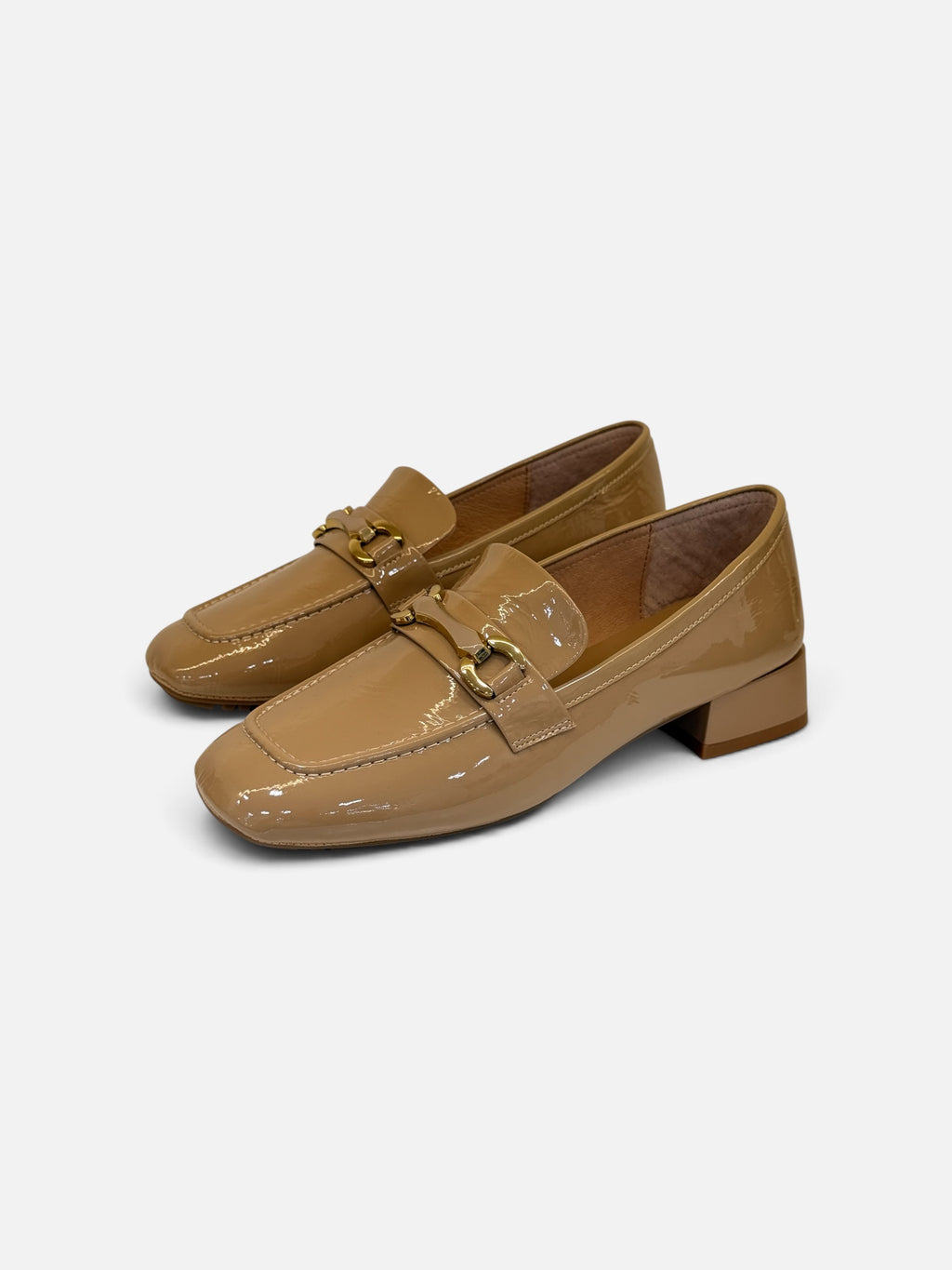 Glossy Beige Loafers with Gold Buckle
