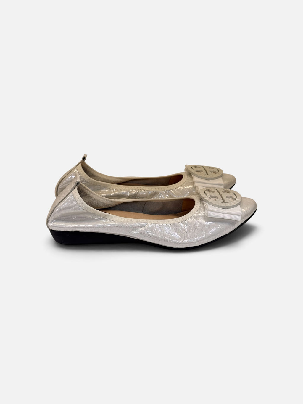 Metallic Silver Flats with Bow Detail
