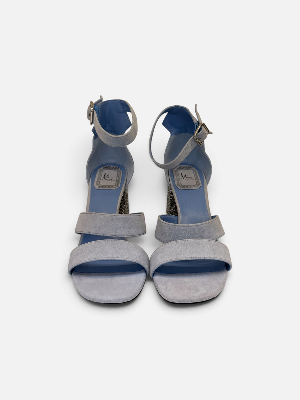 Grey Suede Sandals with Glitter Block Heel