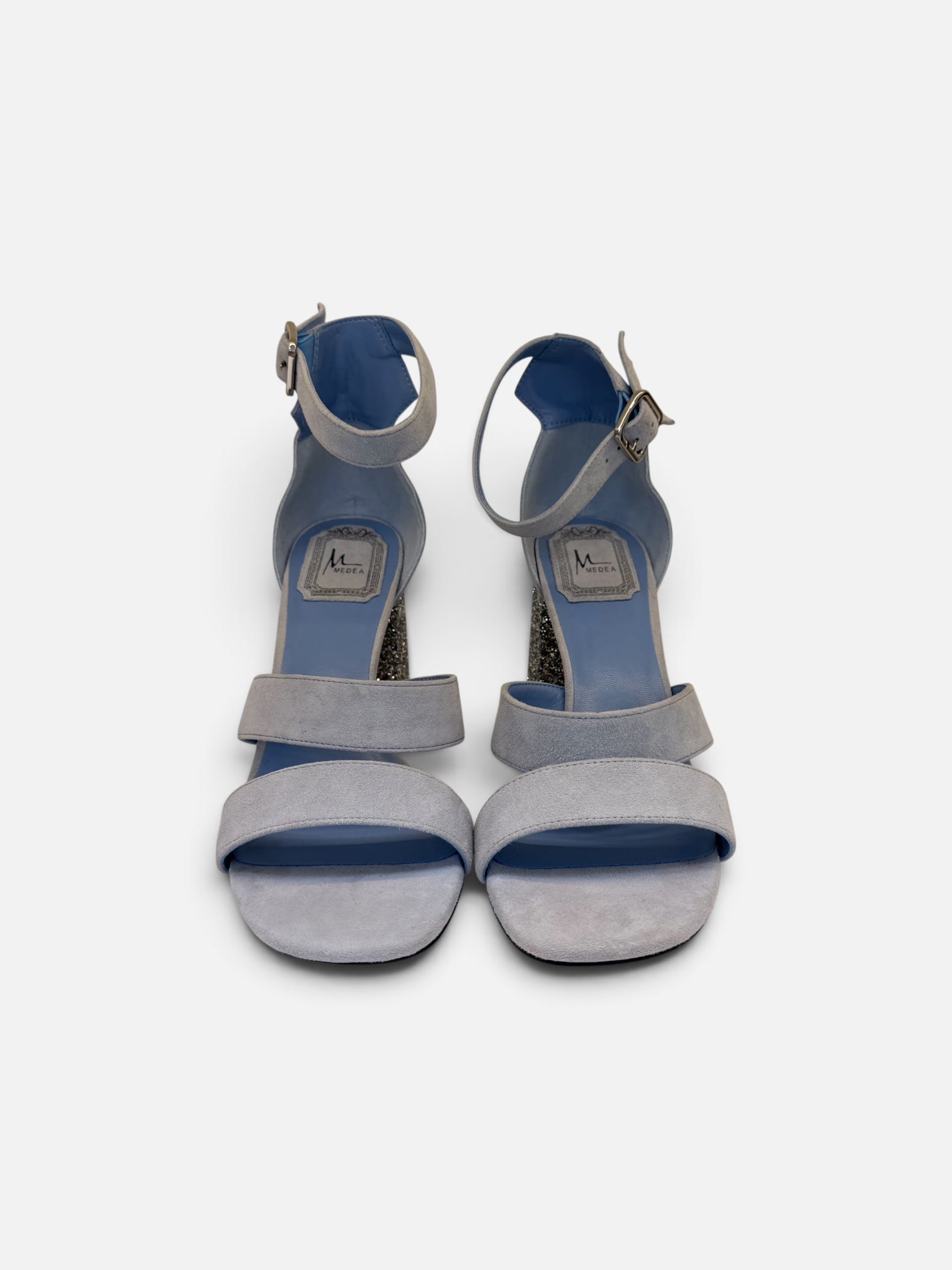 Grey Suede Sandals with Glitter Block Heel