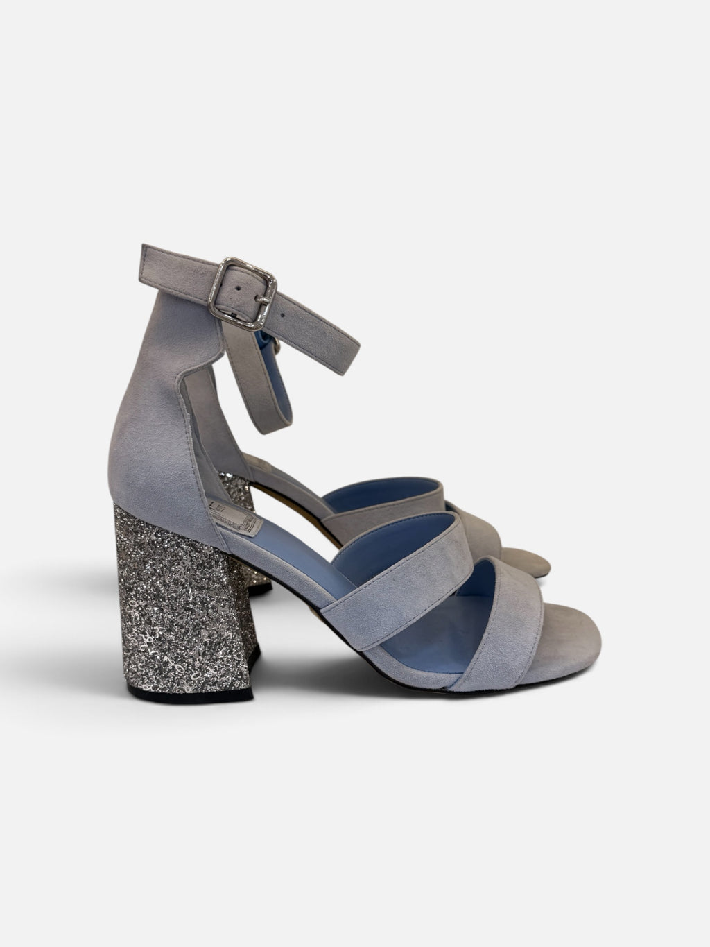 Grey Suede Sandals with Glitter Block Heel